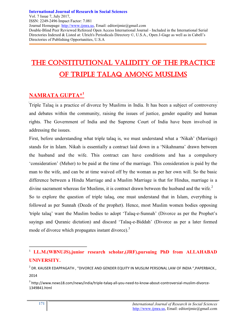 The Constitutional Validity of the Practice of Triple Talaq Among Muslims