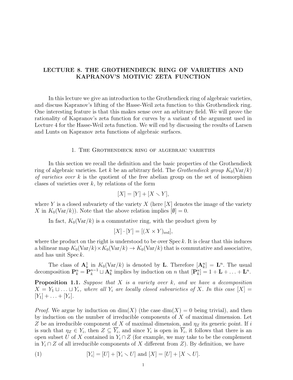 Lecture 8. the Grothendieck Ring of Varieties and Kapranov's Motivic