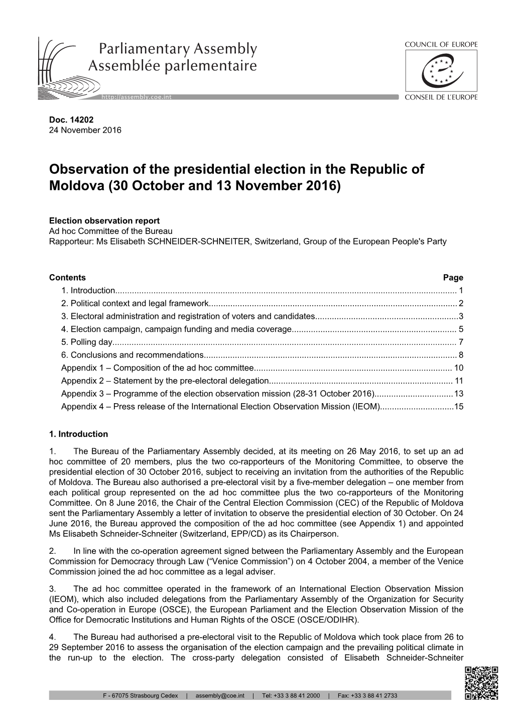 Observation of the Presidential Election in the Republic of Moldova (30 October and 13 November 2016)
