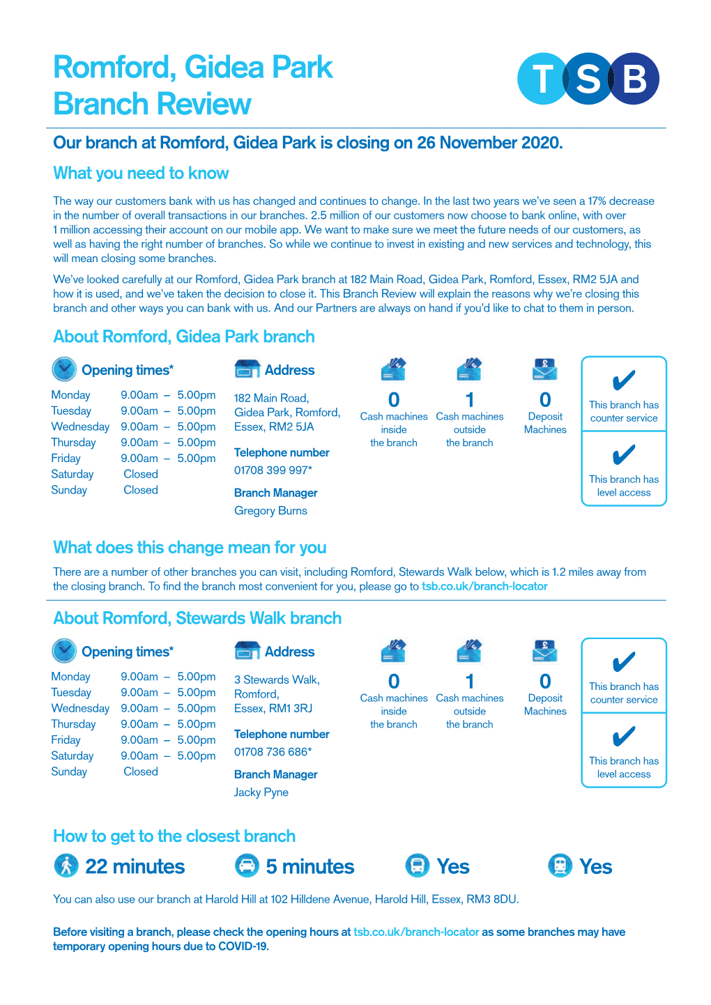 Romford, Gidea Park Branch Review Our Branch at Romford, Gidea Park Is Closing on 26 November 2020