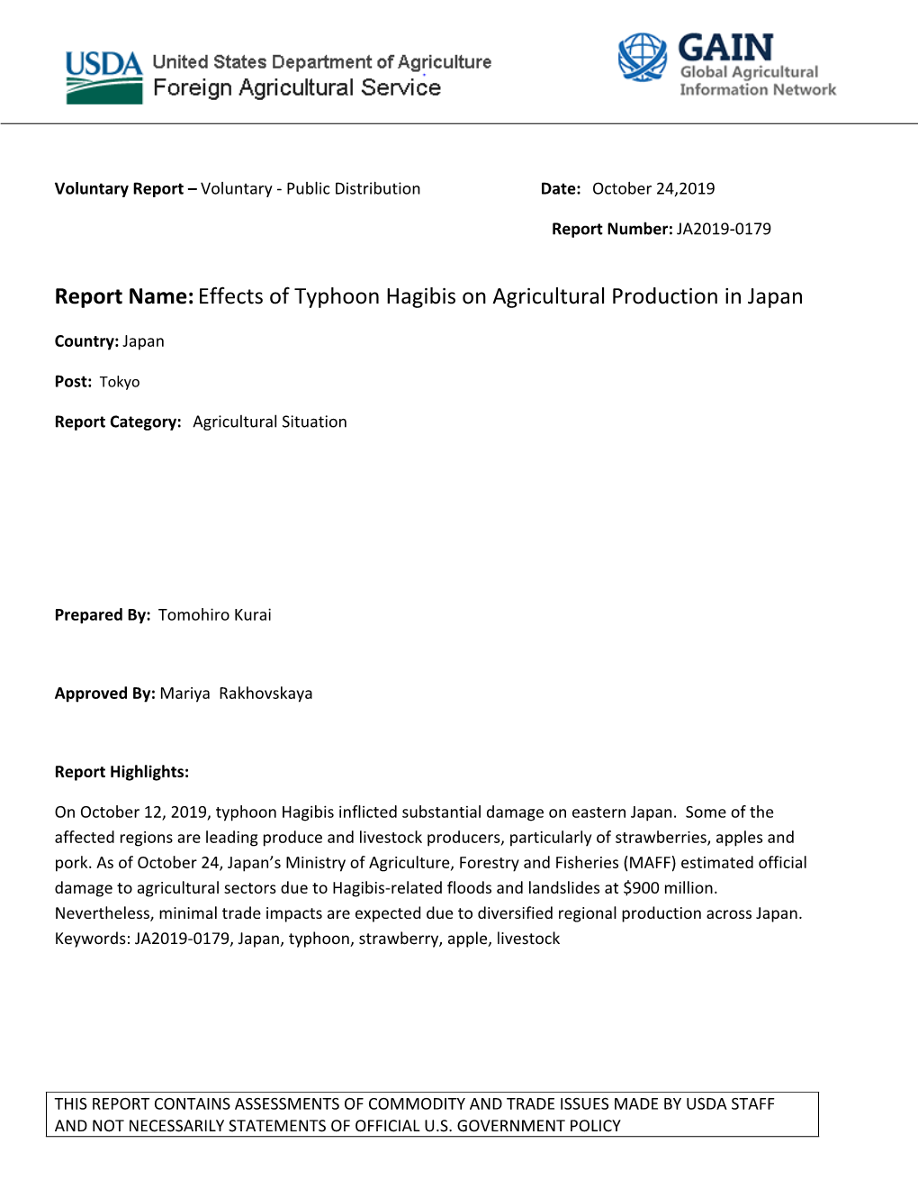Effects of Typhoon Hagibis on Agricultural Production in Japan