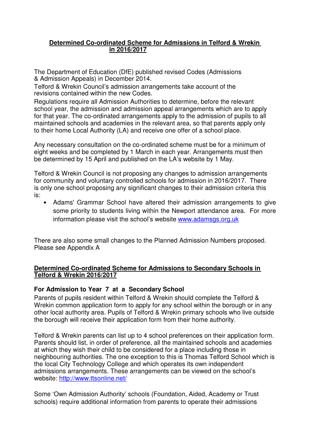 Determined Co-Ordinated Scheme for Admissions in Telford & Wrekin In