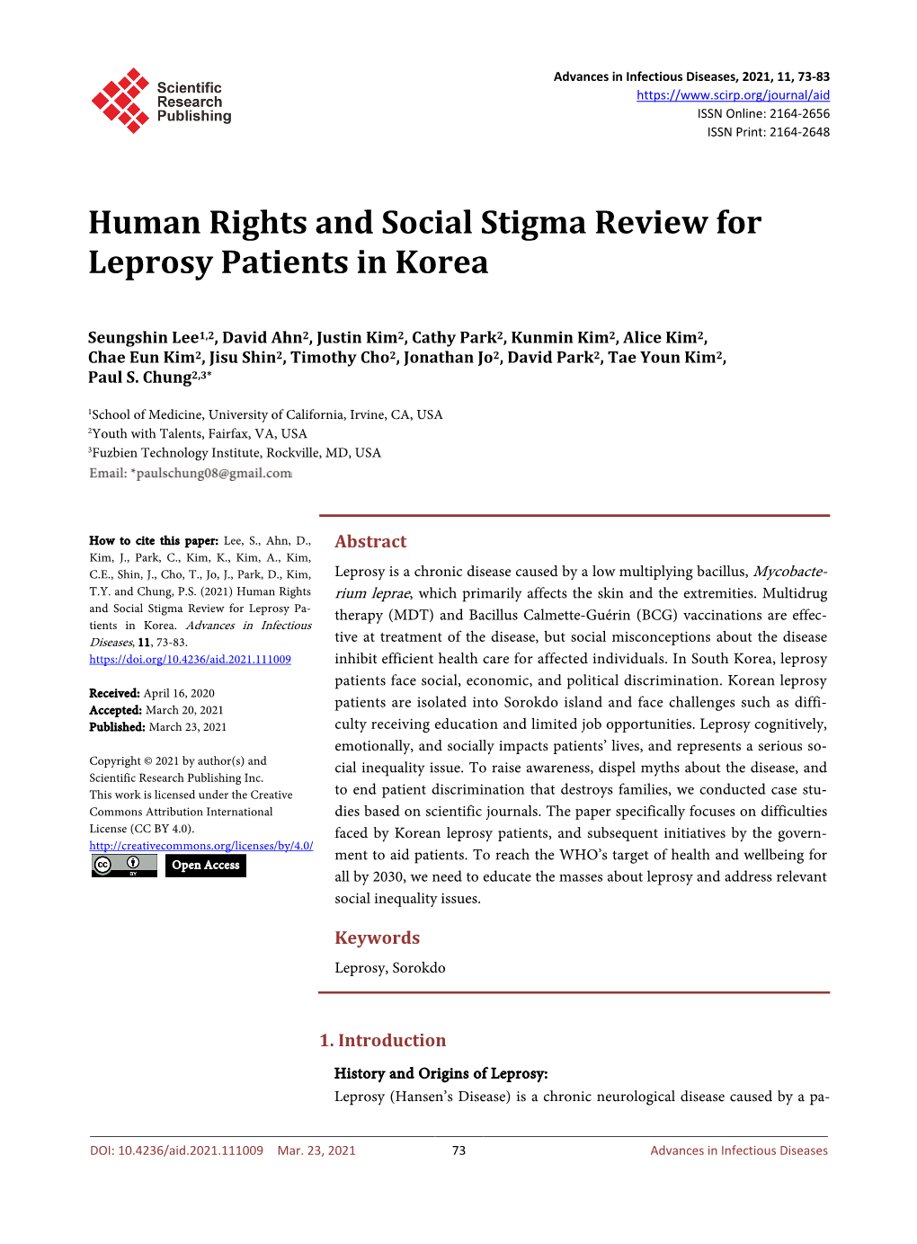 Human Rights and Social Stigma Review for Leprosy Patients in Korea