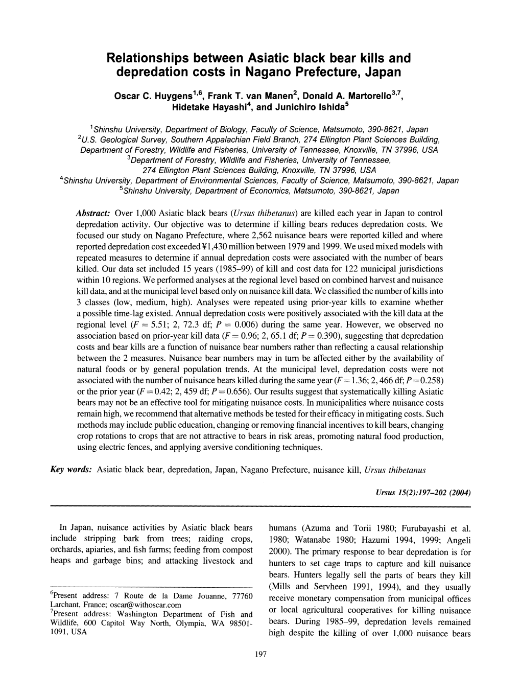 Relationships Between Asiatic Black Bear Kills and Depredation Costs in Nagano Prefecture, Japan