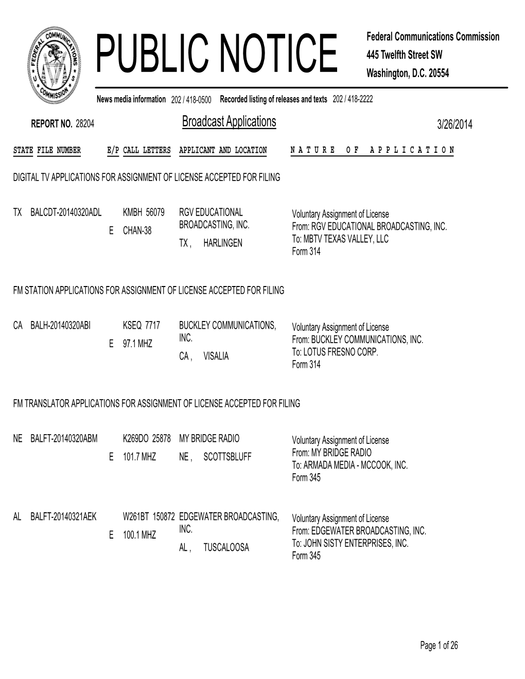 Broadcast Applications 3/26/2014