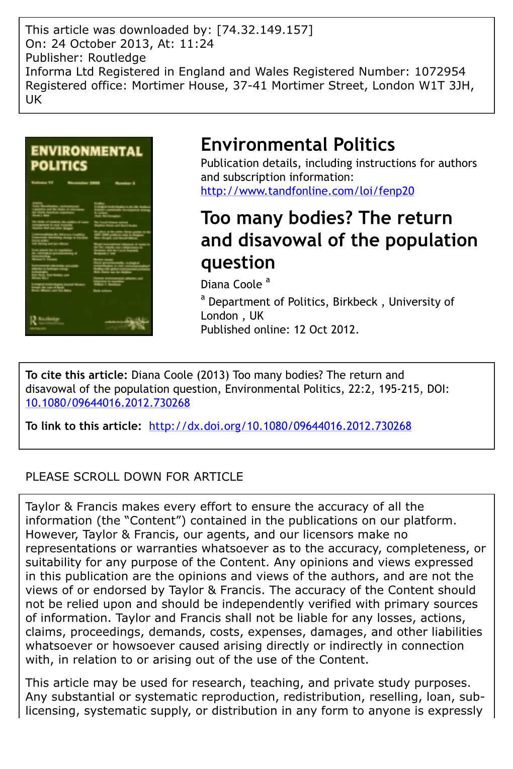 Coole a a Department of Politics, Birkbeck , University of London , UK Published Online: 12 Oct 2012