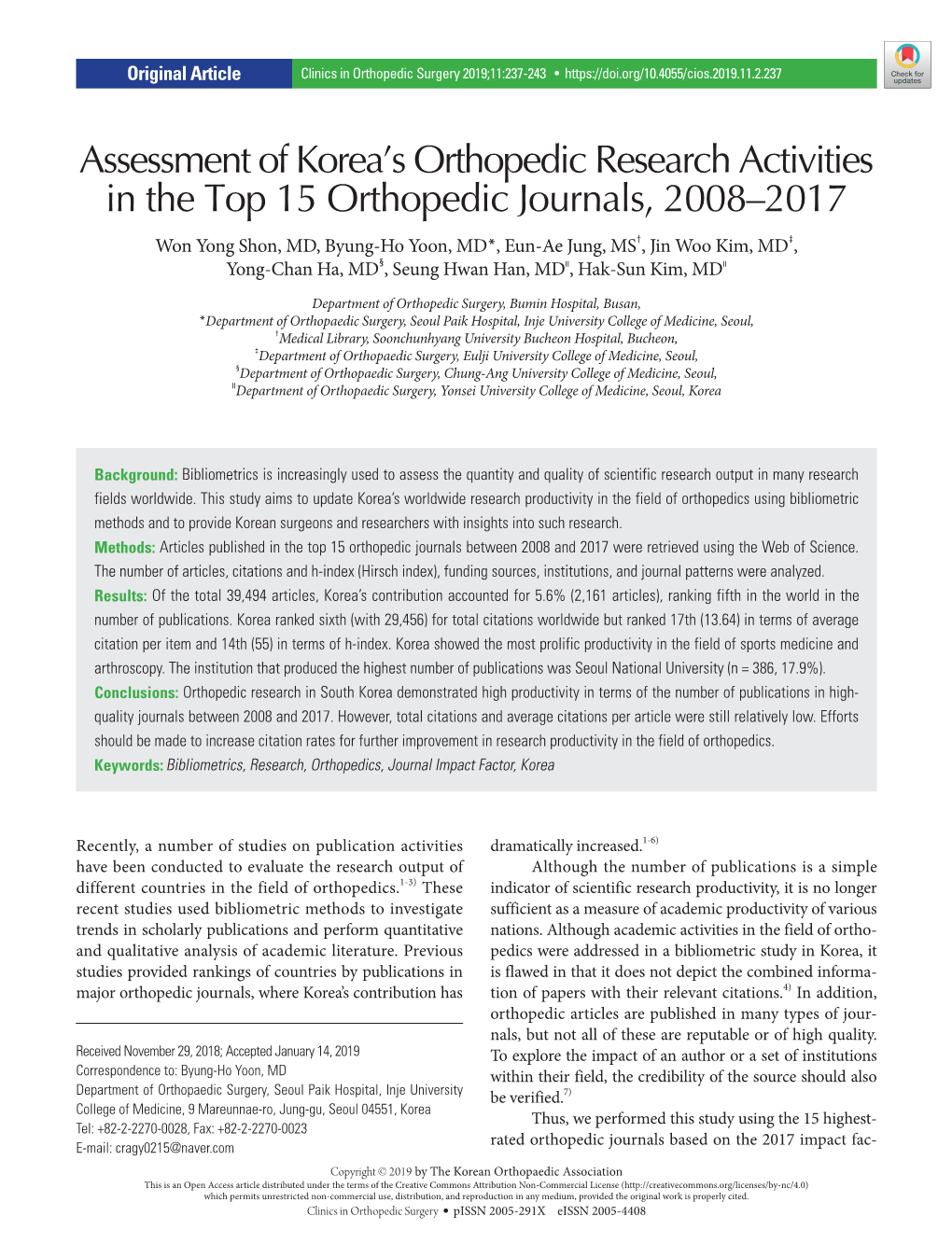 Assessment of Korea's Orthopedic Research Activities in the Top 15