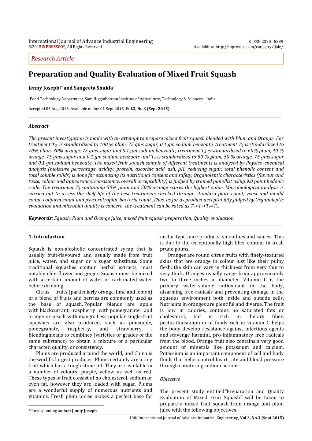 Preparation and Quality Evaluation of Mixed Fruit Squash