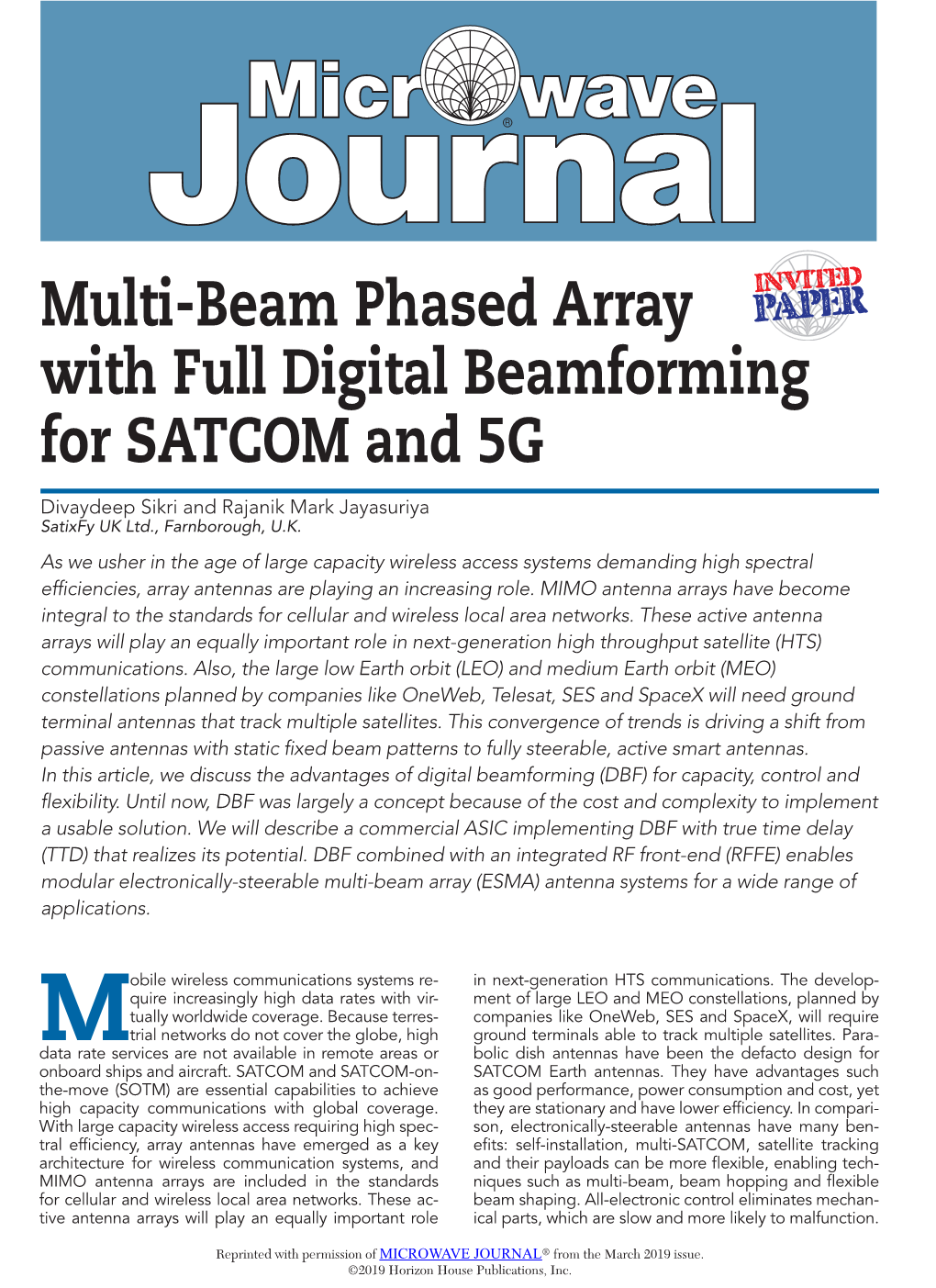 Multi-Beam Phased Array with Full Digital Beamforming for SATCOM and 5G Divaydeep Sikri and Rajanik Mark Jayasuriya Satixfy UK Ltd., Farnborough, U.K