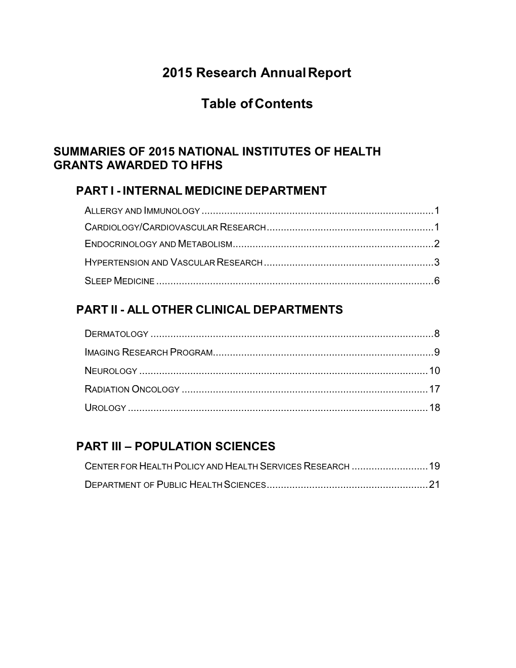 2015 Research Annual Report Table of Contents