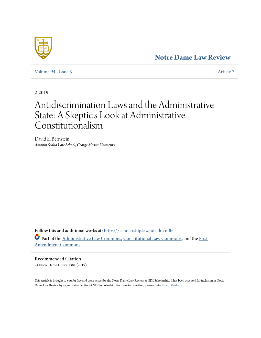 Antidiscrimination Laws and the Administrative State: a Skeptic's Look at Administrative Constitutionalism David E