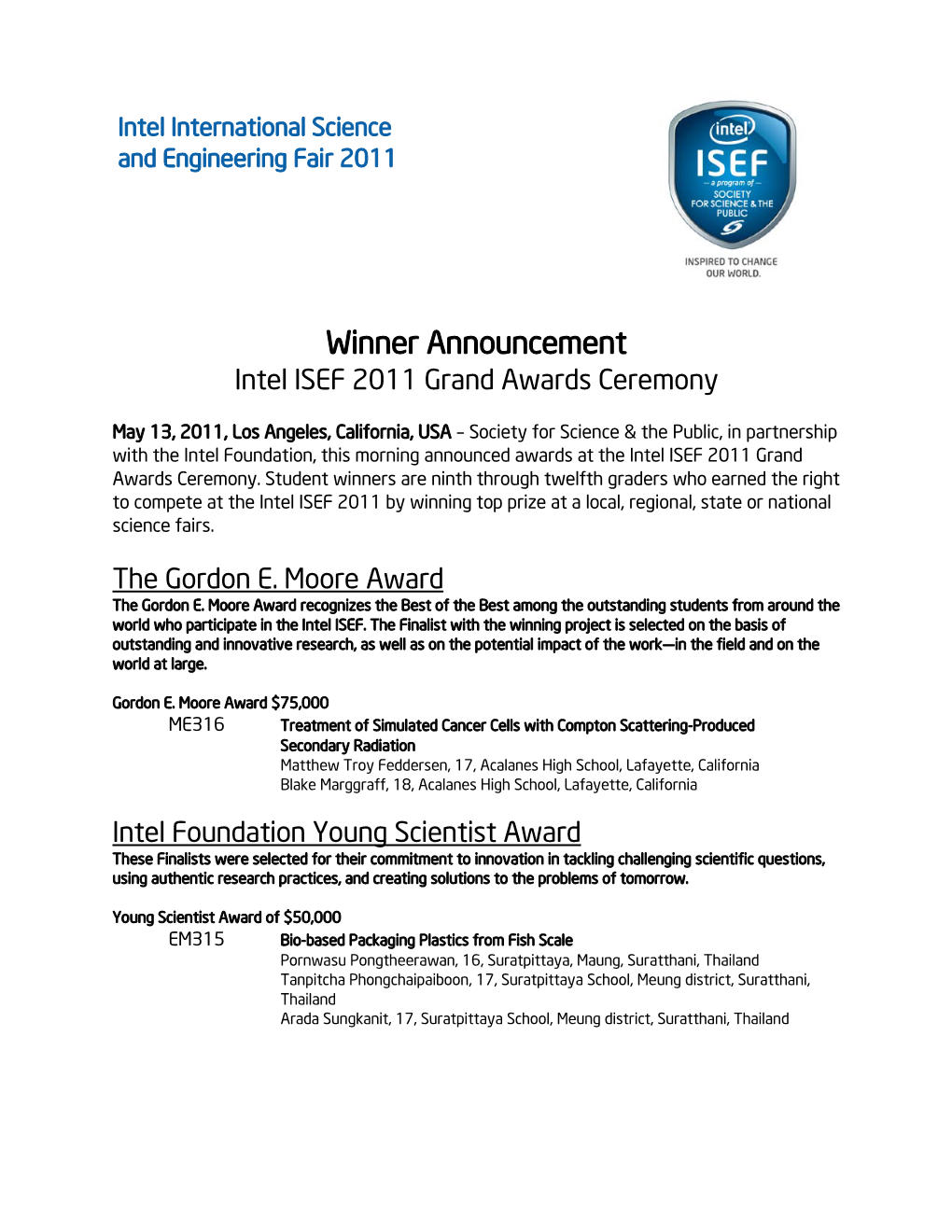 Winner Announcement Intel ISEF 2011 Grand Awards Ceremony