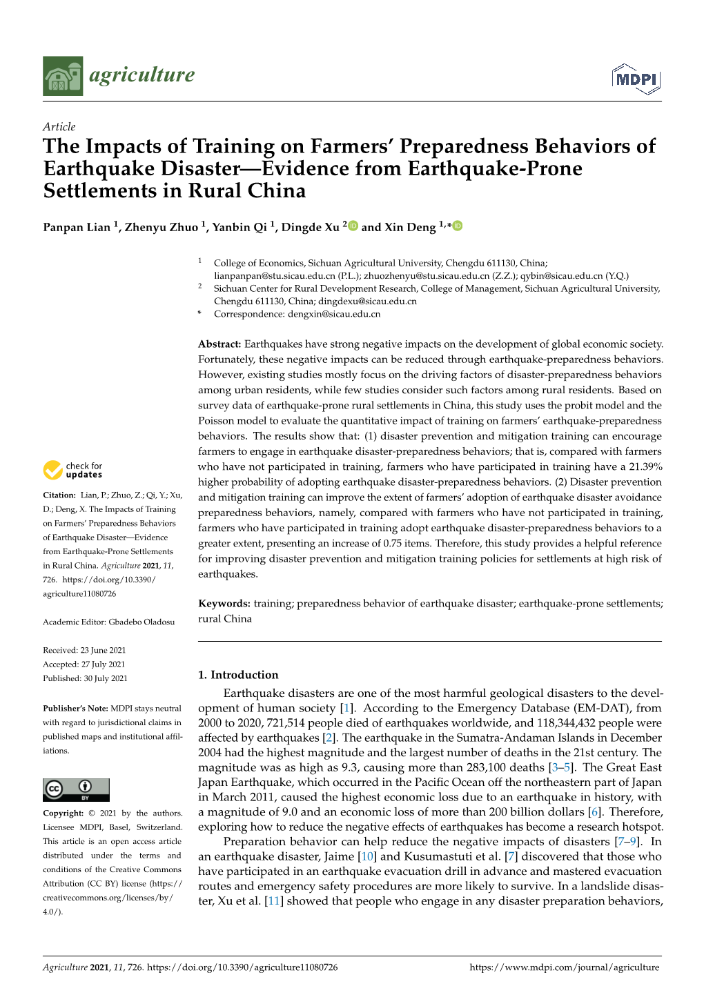 The Impacts of Training on Farmers' Preparedness Behaviors Of