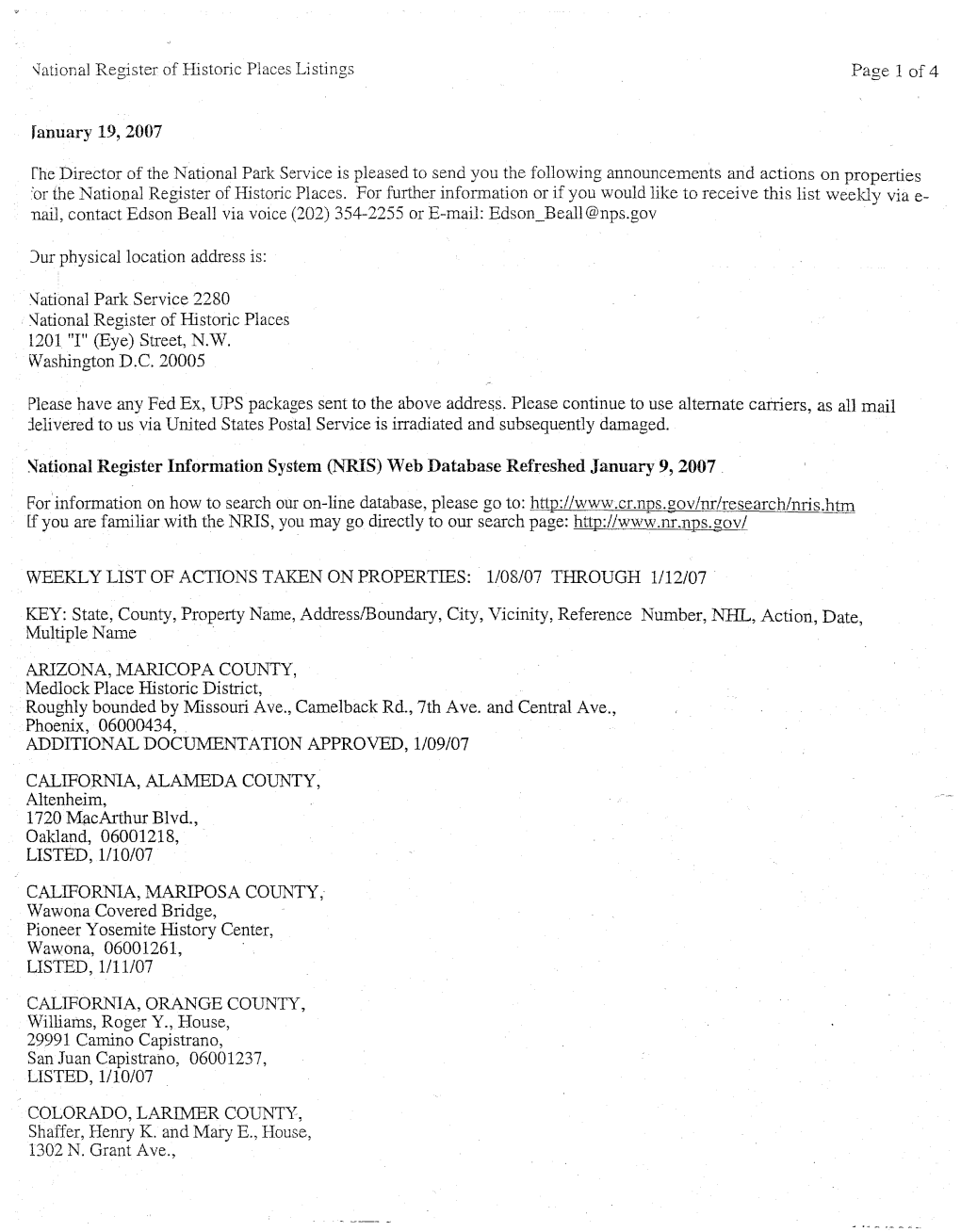 Fanuary 19, 2007 ~Ational Register Information System (NRIS) Web Database Refreshed January 9, 2007