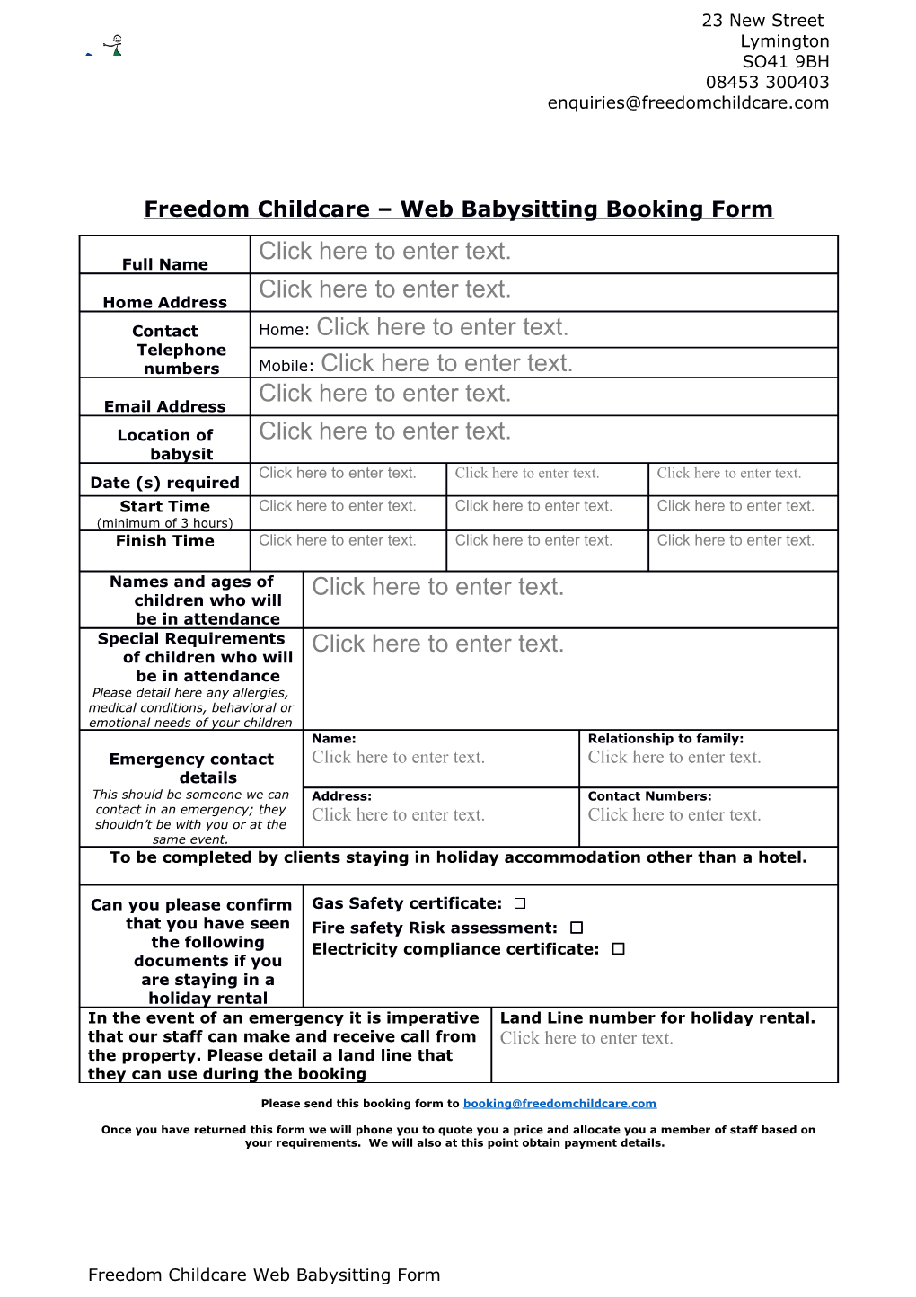 Freedom Childcare Web Babysitting Booking Form