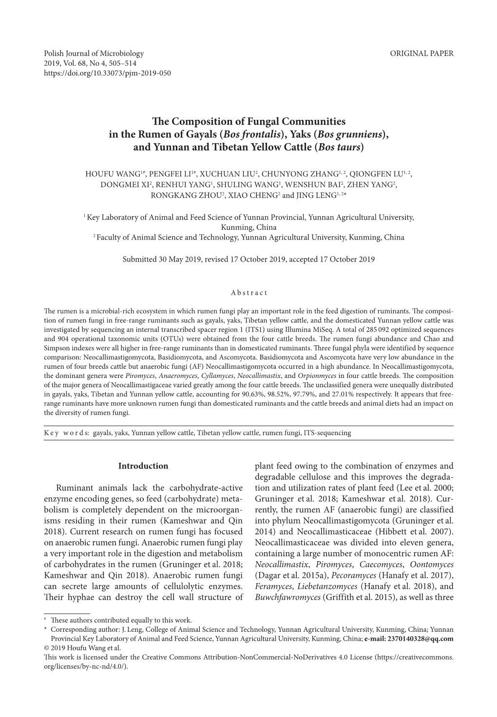 The Composition of Fungal Communities in the Rumen of Gayals (Bos Frontalis), Yaks (Bos Grunniens), and Yunnan and Tibetan Yellow Cattle (Bos Taurs)