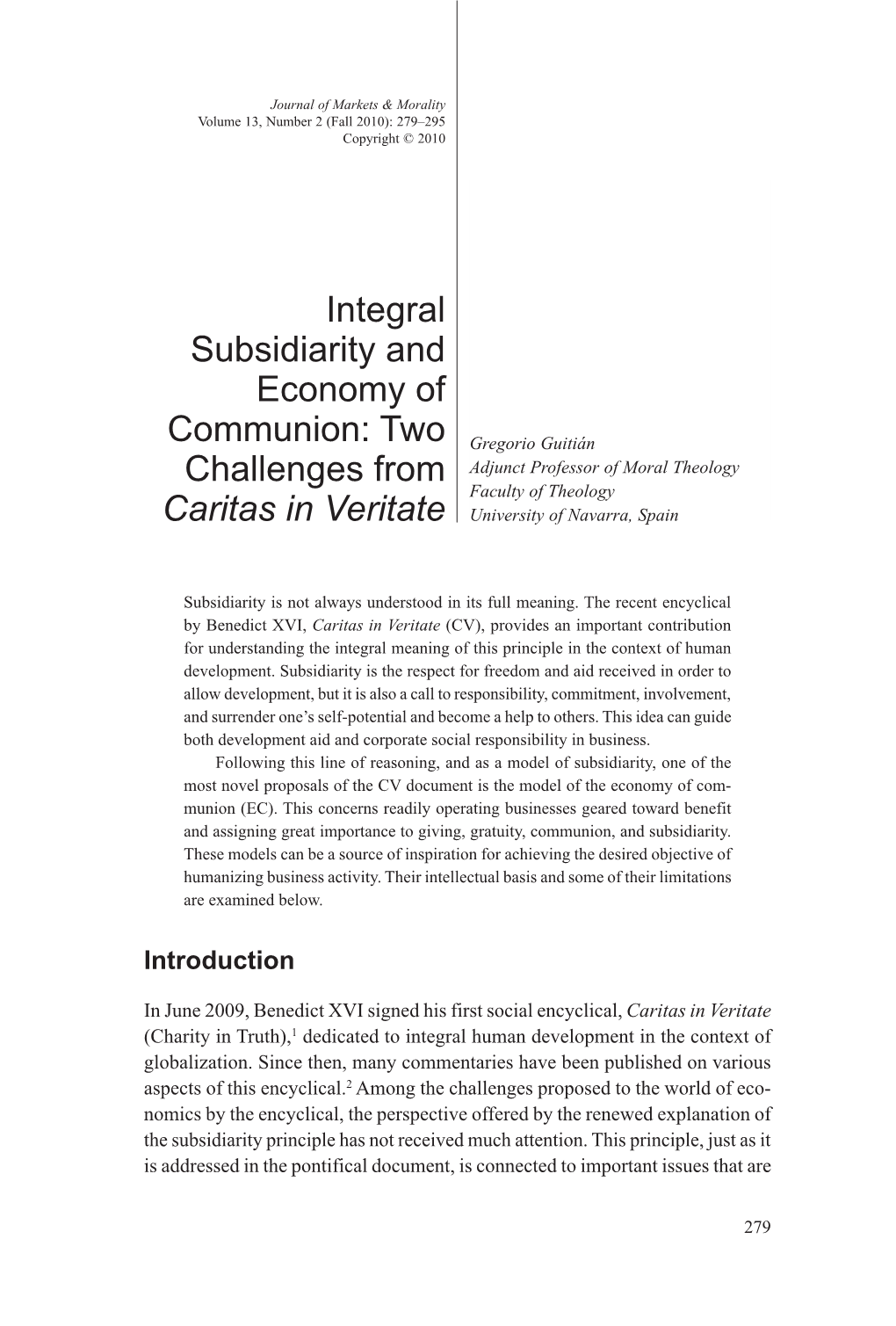 Integral Subsidiarity and Economy of Communion