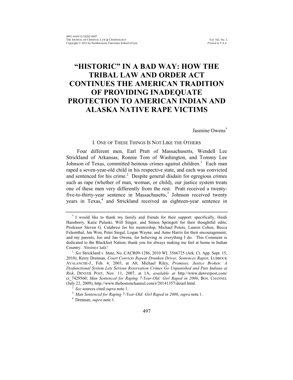 How the Tribal Law and Order Act Continues the American Tradition of Providing Inadequate Protection to American Indian and Alaska Native Rape Victims