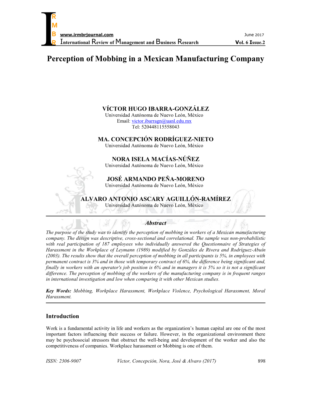 Perception of Mobbing in a Mexican Manufacturing Company