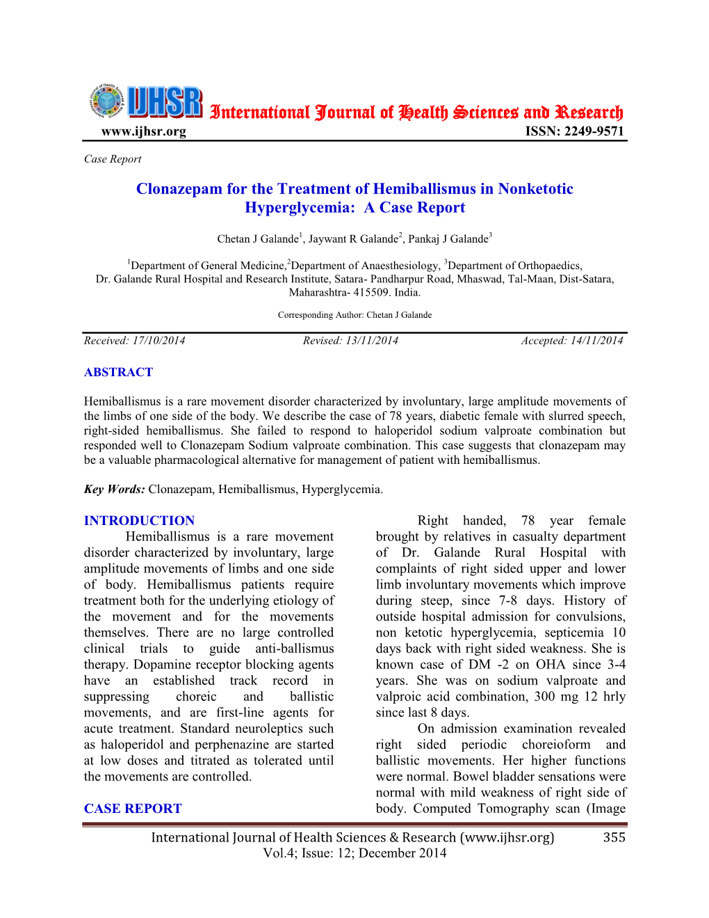 Clonazepam for the Treatment of Hemiballismus in Nonketotic Hyperglycemia: a Case Report