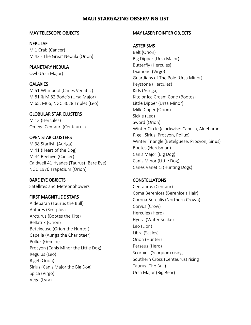 Maui Stargazing Observing List