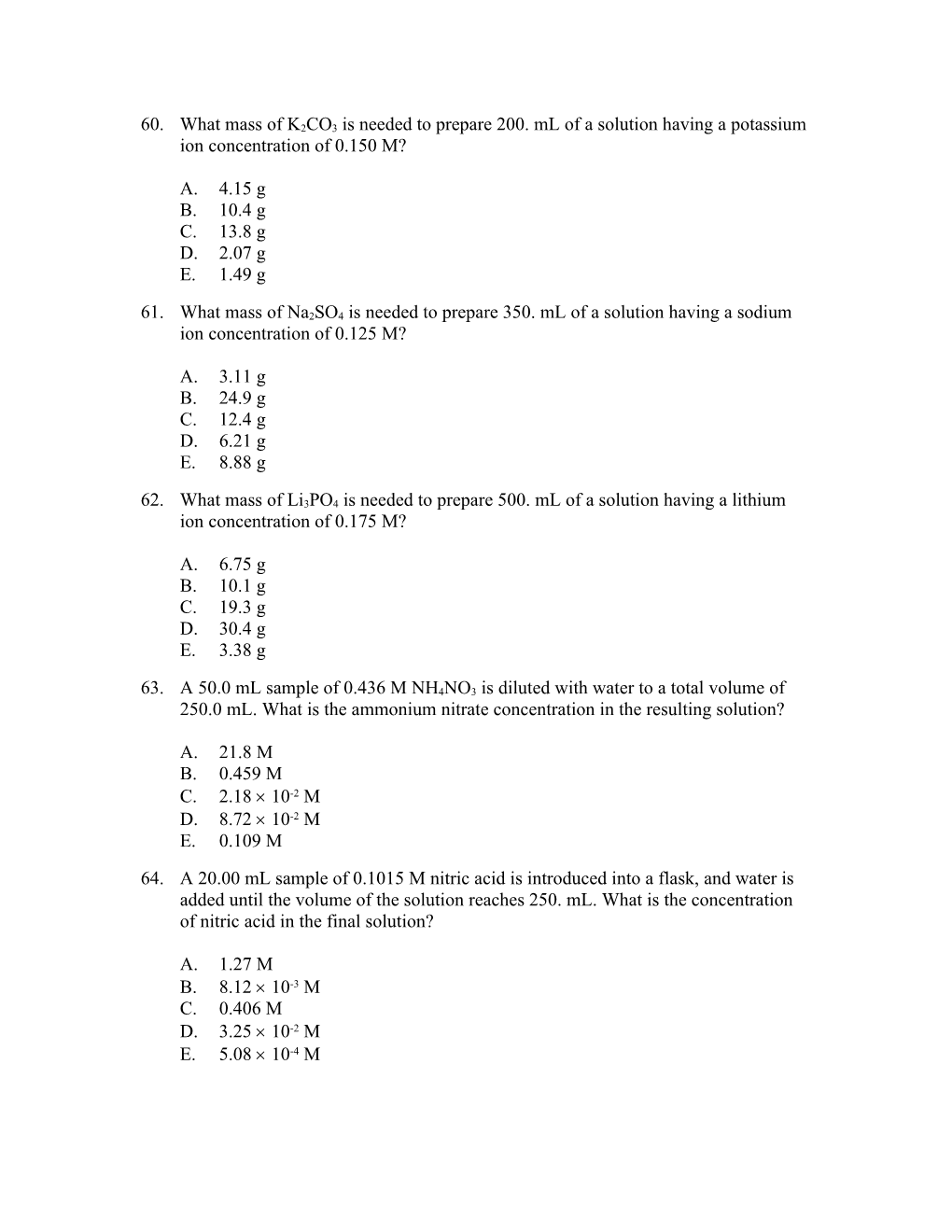 60. What Mass of K2CO3 Is Needed to Prepare 200. Ml of a Solution Having a Potassium Ion