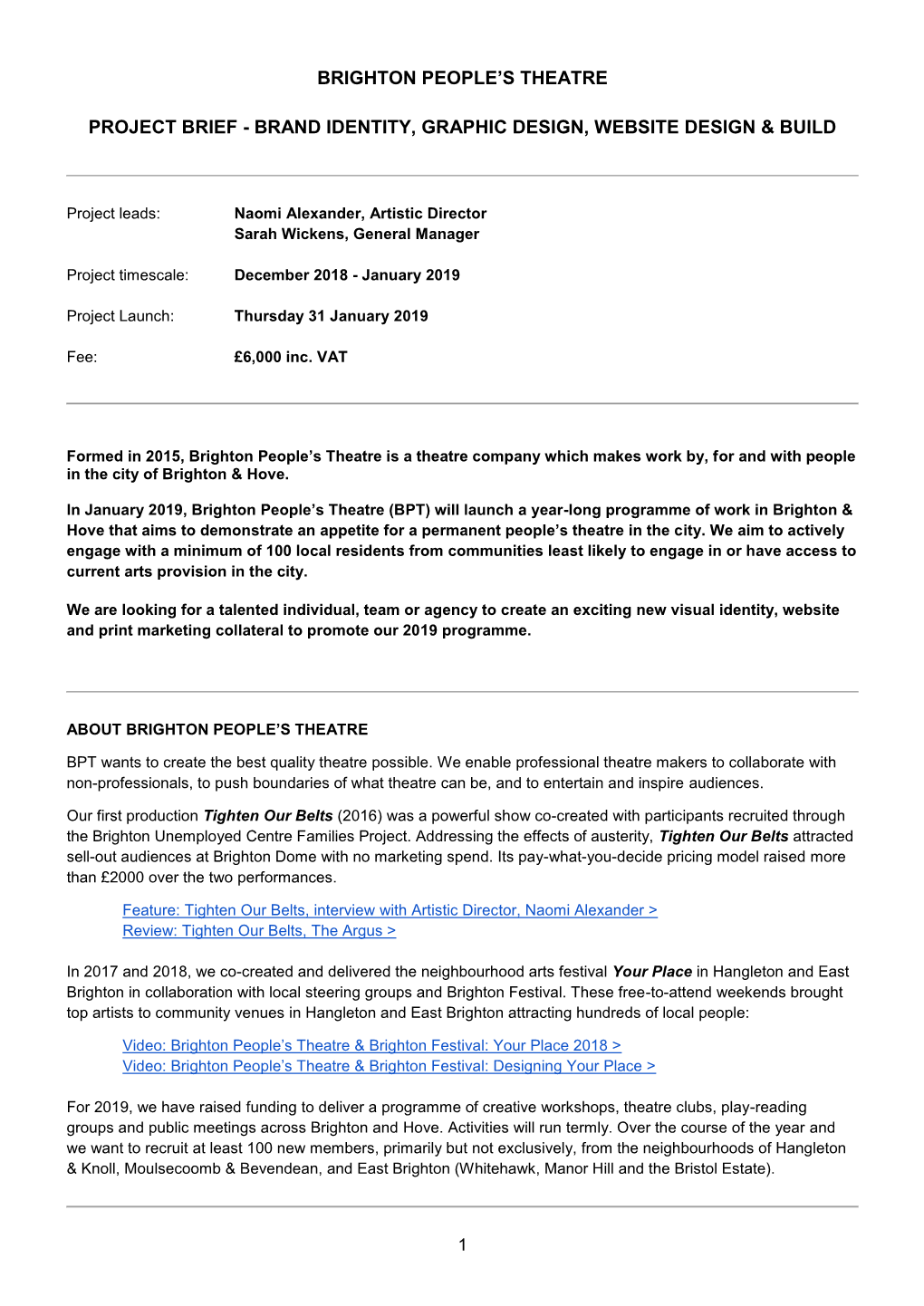 Brighton People's Theatre Project Brief