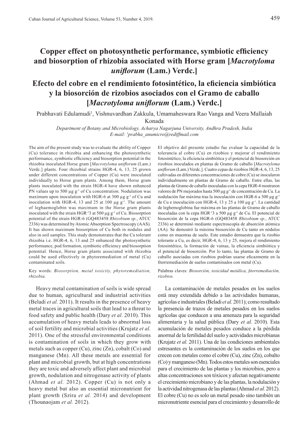 Copper Effect on Photosynthetic Performance, Symbiotic Efficiency and Biosorption of Rhizobia Associated with Horse Gram