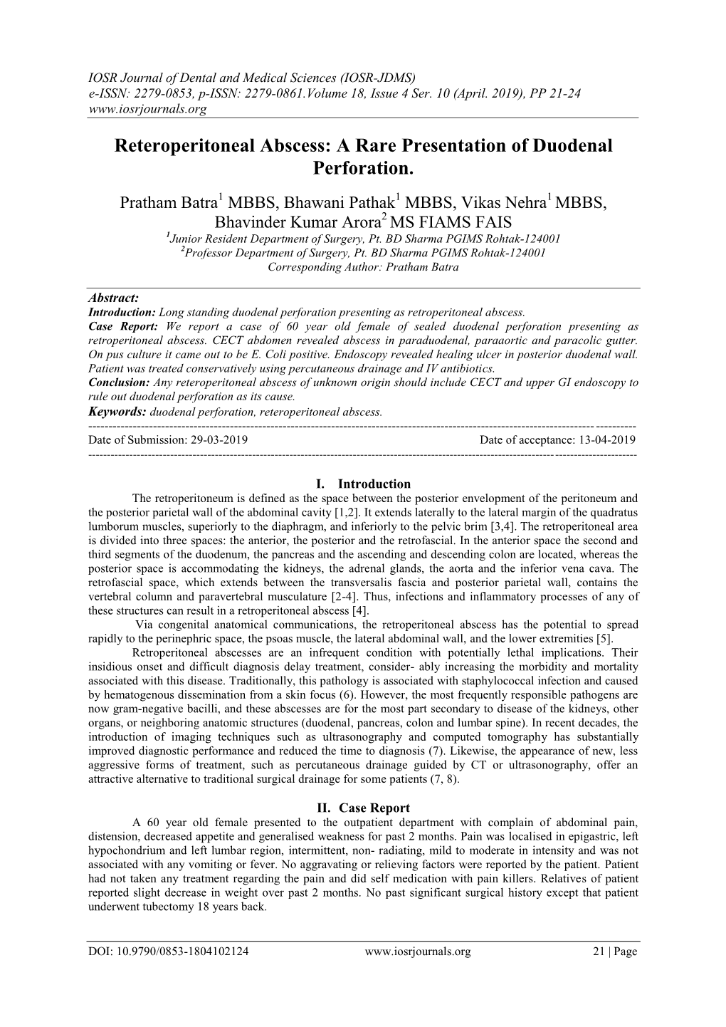Reteroperitoneal Abscess: a Rare Presentation of Duodenal Perforation