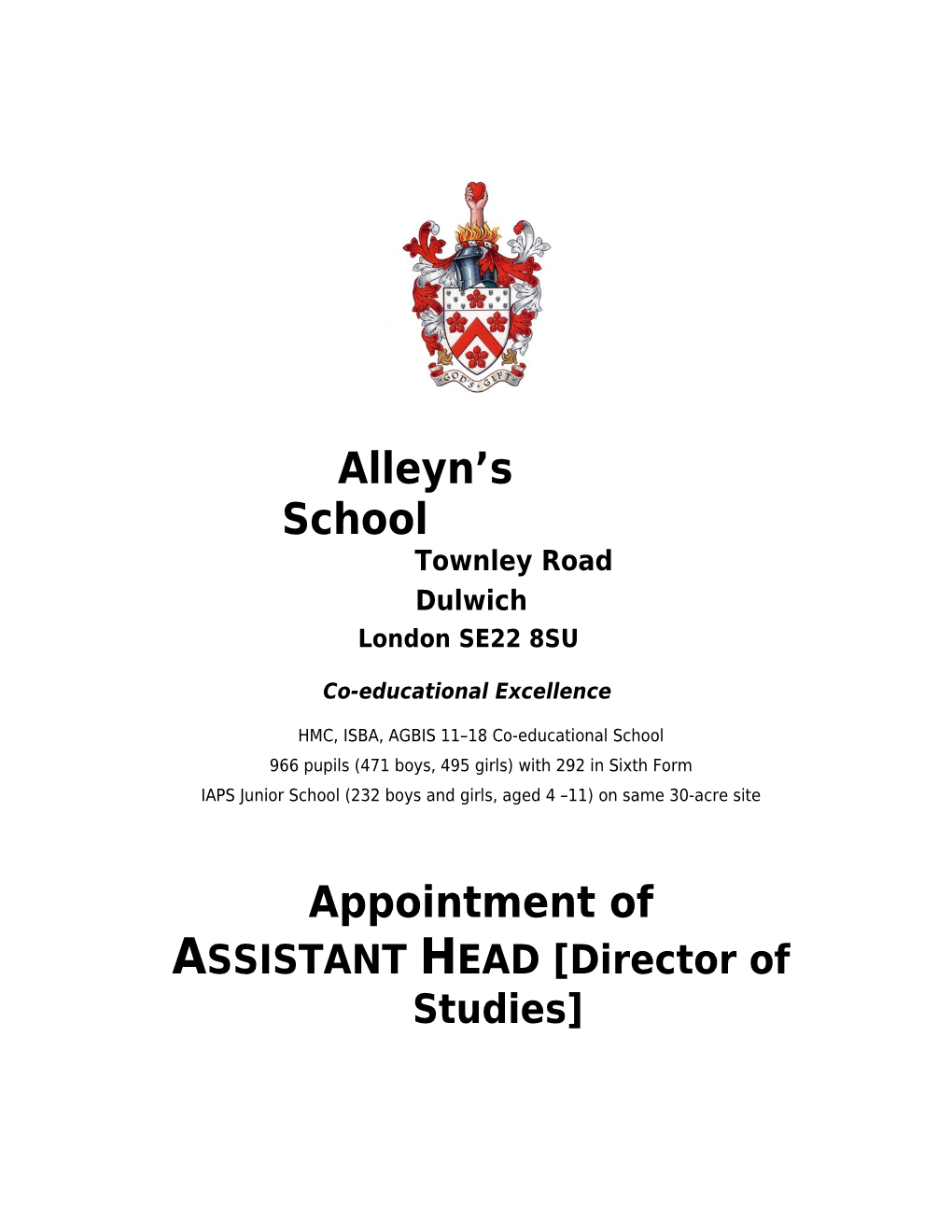 Alleyn S School Appointment of Bursar