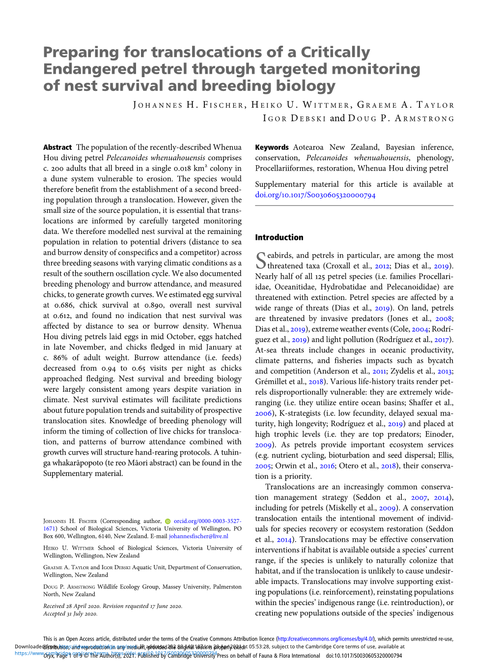 Preparing for Translocations of a Critically Endangered Petrel Through Targeted Monitoring of Nest Survival and Breeding Biology