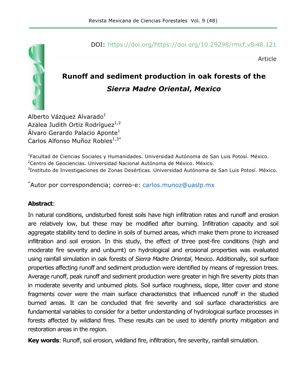 Runoff and Sediment Production in Oak Forests of the Sierra Madre Oriental, Mexico