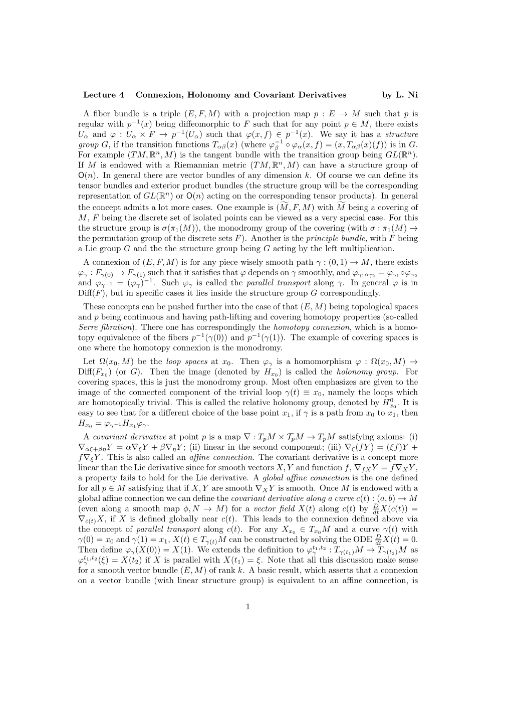 Lecture 4 – Connexion, Holonomy and Covariant Derivatives by L. Ni a Fiber Bundle Is a Triple (E,F,M) with a Projection Map P