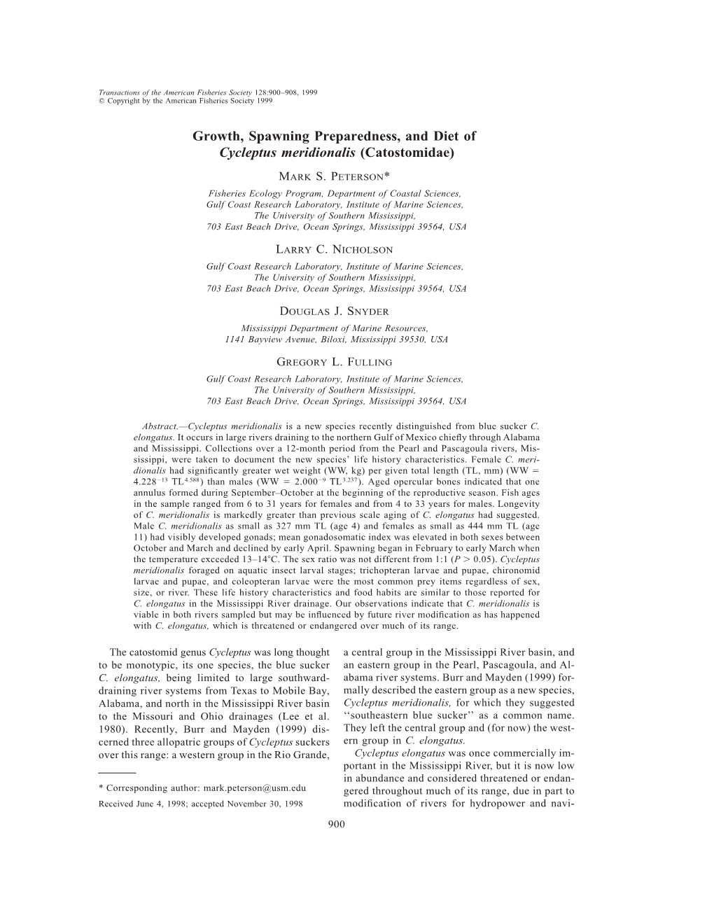 Growth, Spawning Preparedness, and Diet of Cycleptus Meridionalis (Catostomidae)