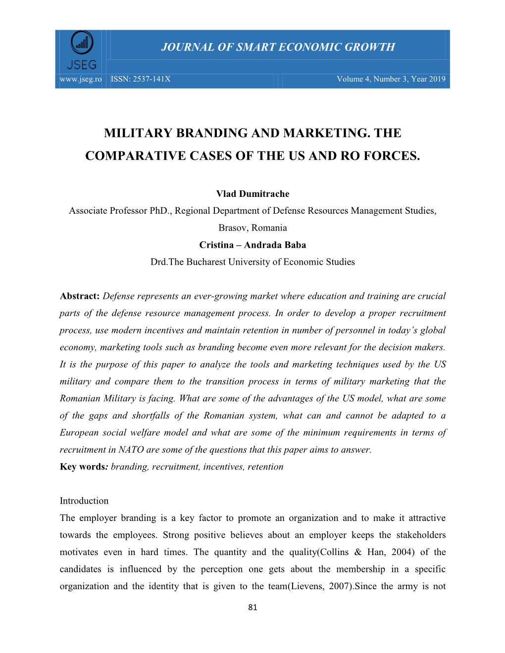 Military Branding and Marketing. the Comparative Cases of the Us and Ro Forces