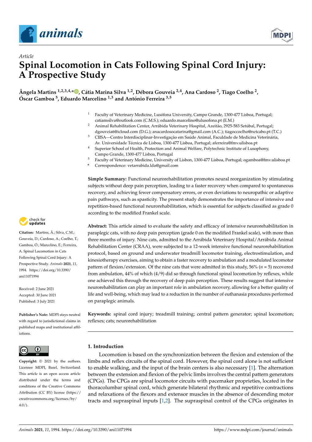 Spinal Locomotion in Cats Following Spinal Cord Injury: a Prospective Study