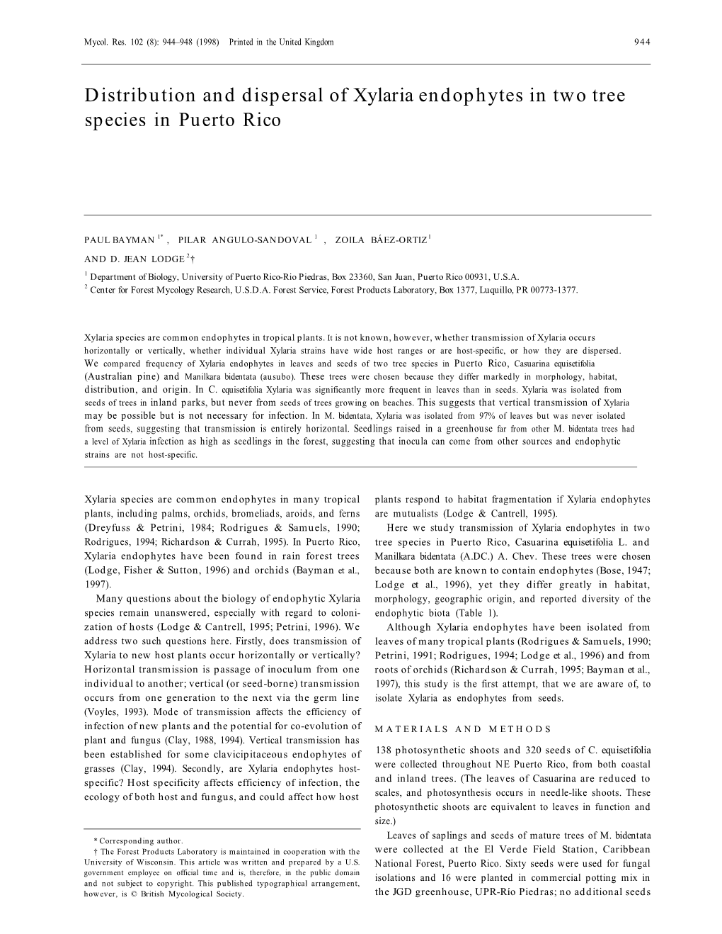 Distribution and Dispersal of Xylaria Endophytes in Two Tree Species in Puerto Rico