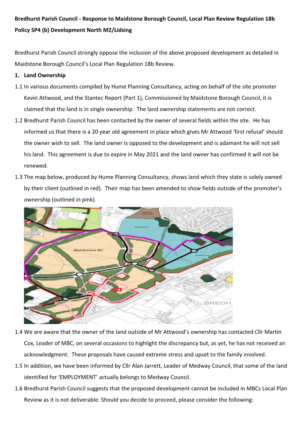 Response to Maidstone Borough Council, Local Plan Review Regulation 18B Policy SP4 (B) Development North M2/Lidsing