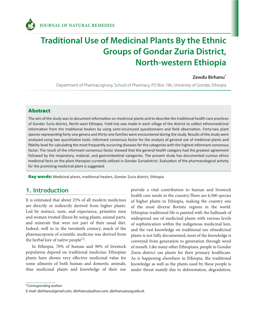 Traditional Use of Medicinal Plants by the Ethnic Groups of Gondar Zuria District, North-Western Ethiopia