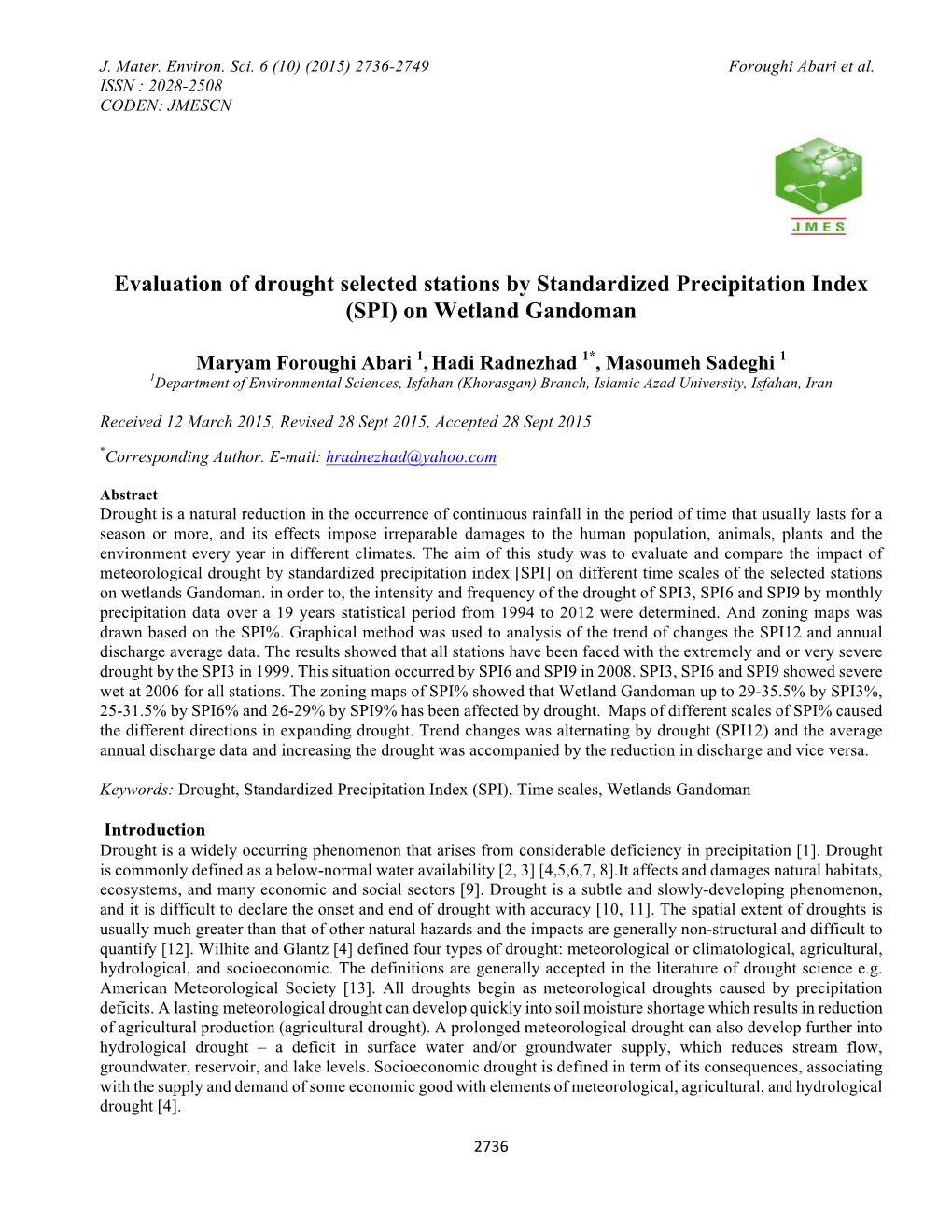 Evaluation of Drought Selected Stations by Standardized Precipitation Index (SPI) on Wetland Gandoman