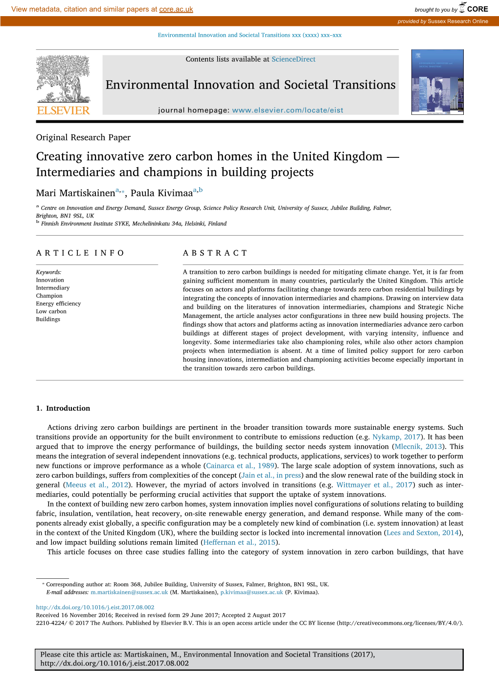 Creating Innovative Zero Carbon Homes in the United Kingdom — Intermediaries and Champions in Building Projects