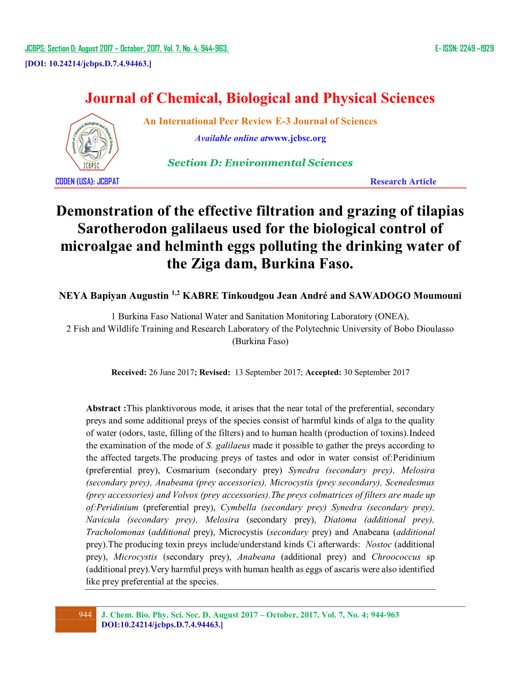 Journal of Chemical, Biological and Physical Sciences Demonstration of the Effective Filtration and Grazing of Tilapias Sarother