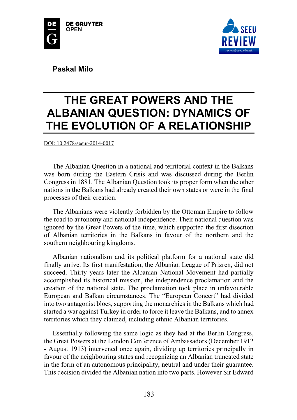 The Great Powers and the Albanian Question: Dynamics of the Evolution of a Relationship