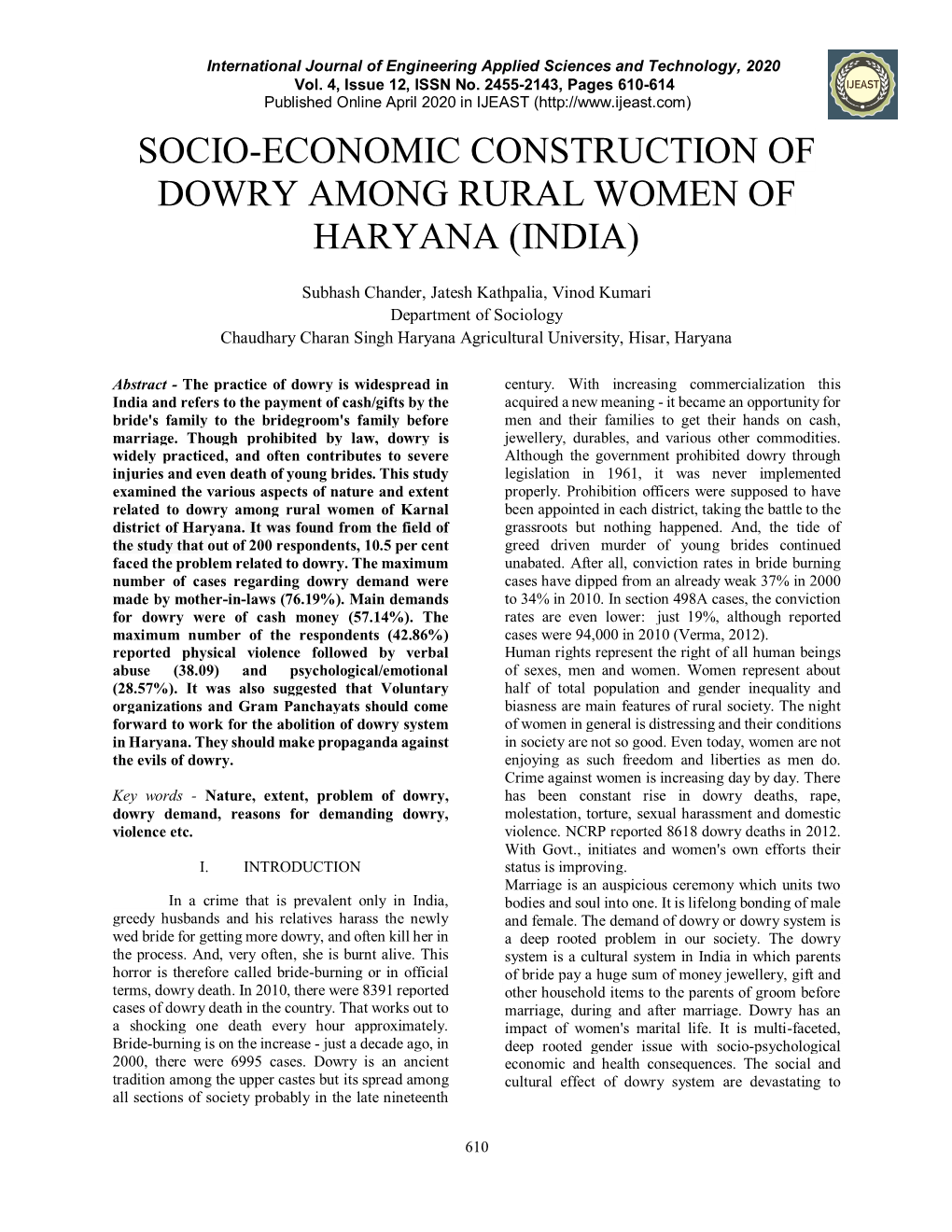 Socio-Economic Construction of Dowry Among Rural Women of Haryana (India)