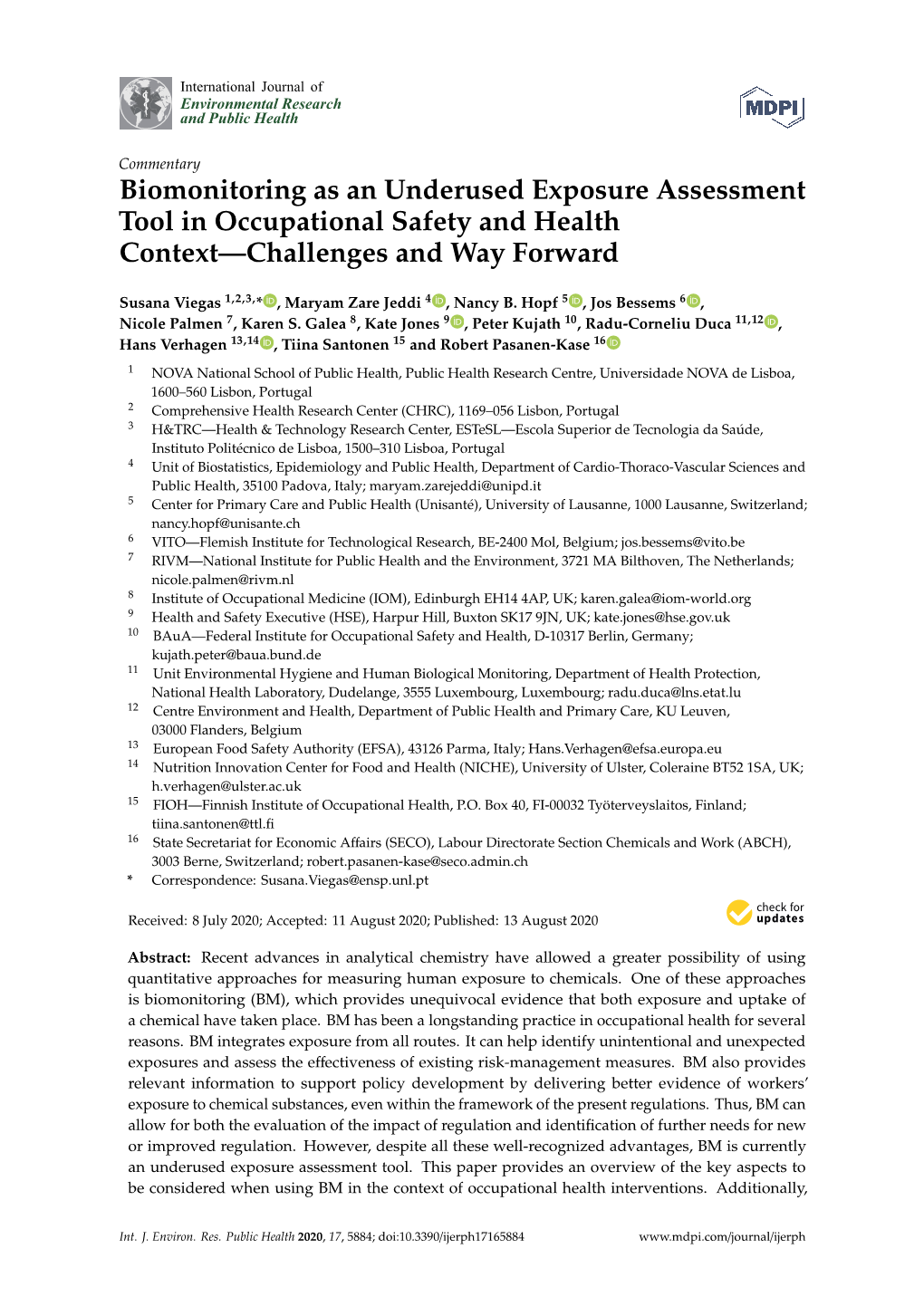 Biomonitoring As an Underused Exposure Assessment Tool in Occupational Safety and Health Context—Challenges and Way Forward