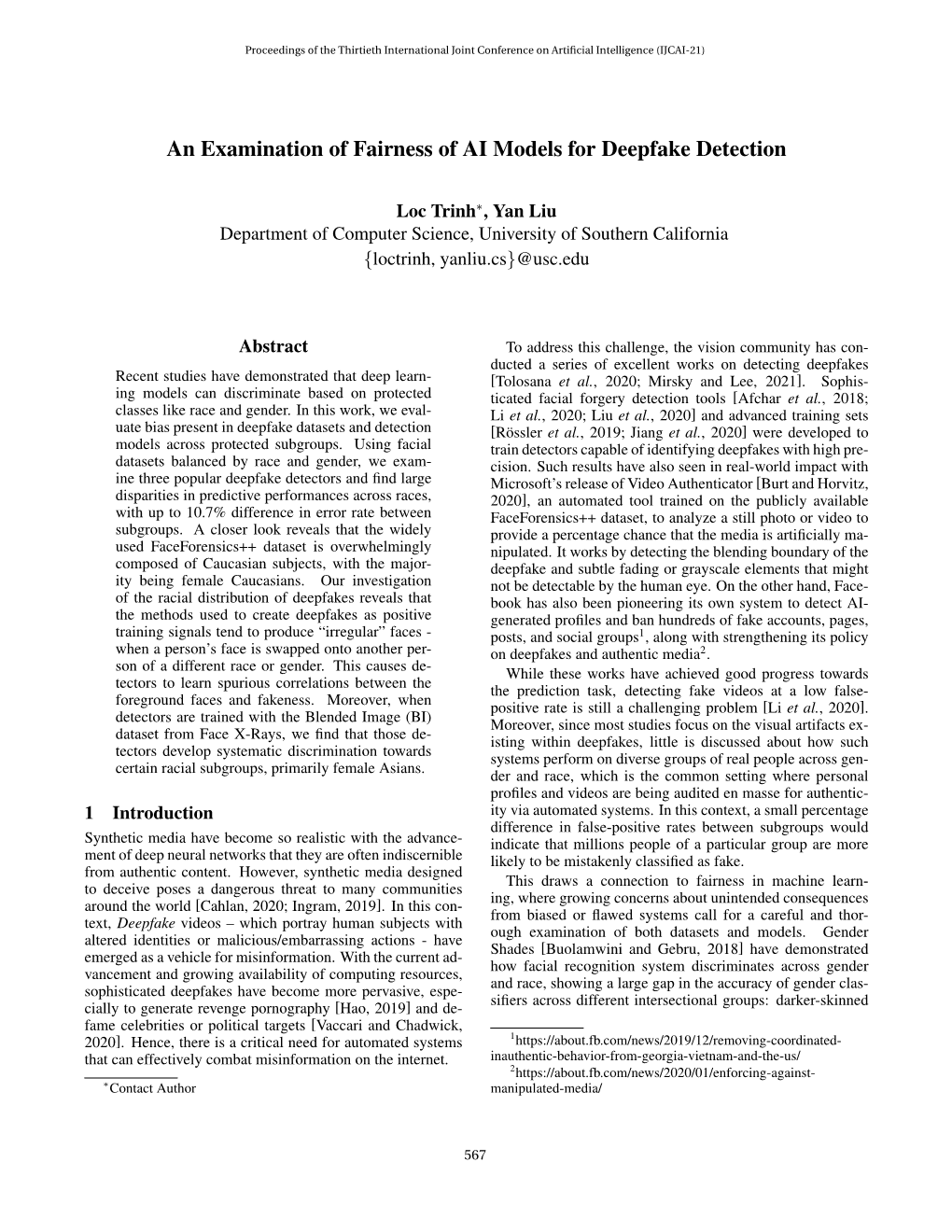 An Examination of Fairness of AI Models for Deepfake Detection