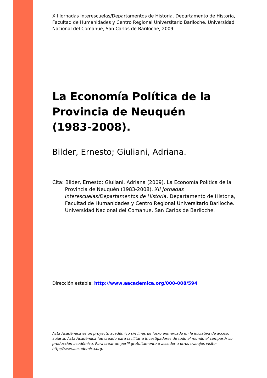 La Economía Política De La Provincia De Neuquén (1983-2008)