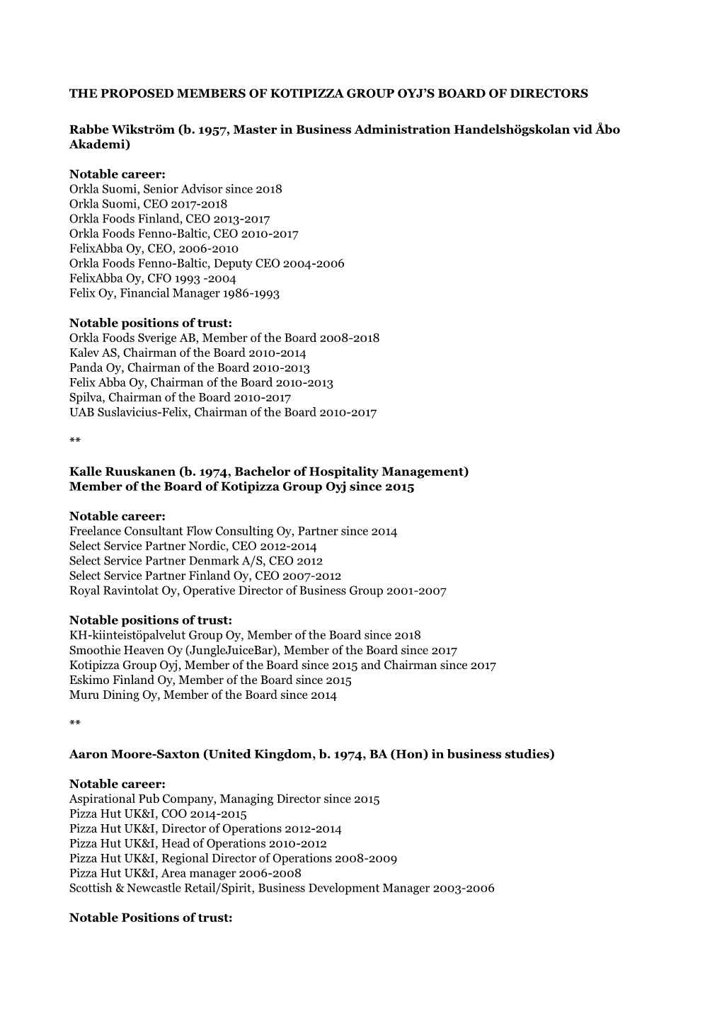 The Proposed Members of Kotipizza Group Oyj's Board