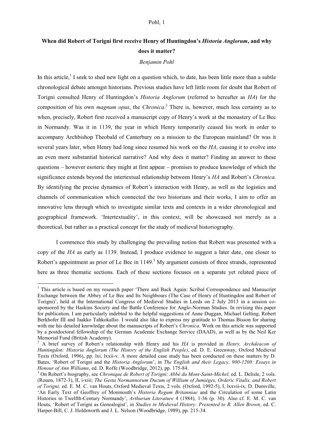 When Did Robert of Torigni First Receive Henry of Huntingdon's Historia Anglorum, and Why Does It Matter