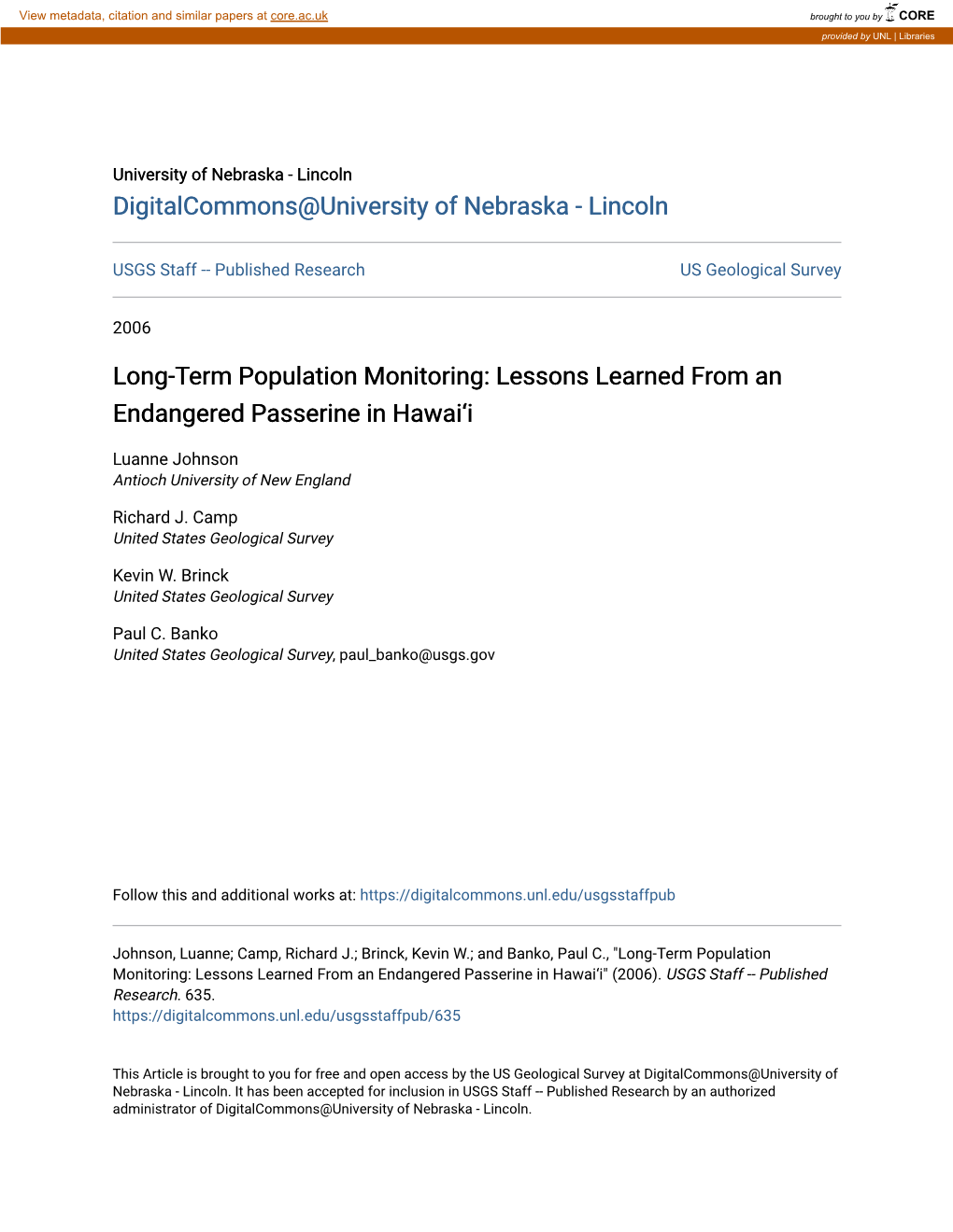 Long-Term Population Monitoring: Lessons Learned from an Endangered Passerine in Hawai‘I